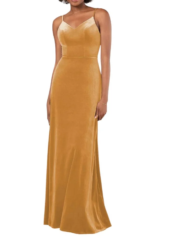 Women's Clothes And Apparel Boho - Chic Festival - Ready Style Plush Velvet A-Line Bridesmaid Dress With Floor-Length Skirt In Amber