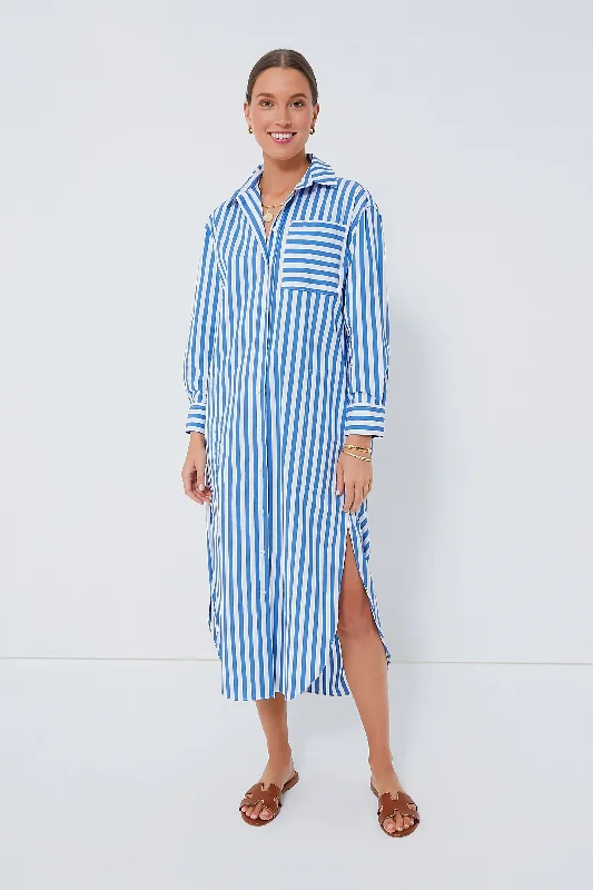 Affordable Women's Apparel Effortless Comfort Blue Stripe Constance Maxi Shirt Dress