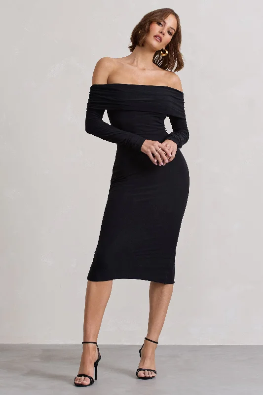 Women's Contemporary Apparel Feminine Grace Intercept | Black Bodycon Bardot Tie-Back Midi Dress