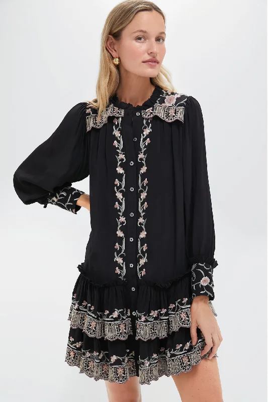 Women's Elegant Apparel Refined Simplicity Black Lacey Embroidery Long Sleeve Tunic Dress