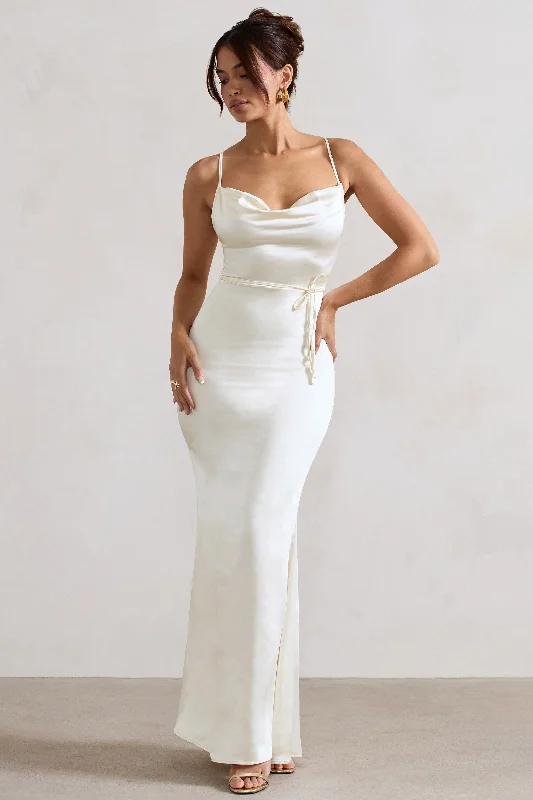 Elegant Women's Attire Mid - Season Sale Lifetime | Ivory Satin Cowl Neck Maxi Dress With Cross Back Detail