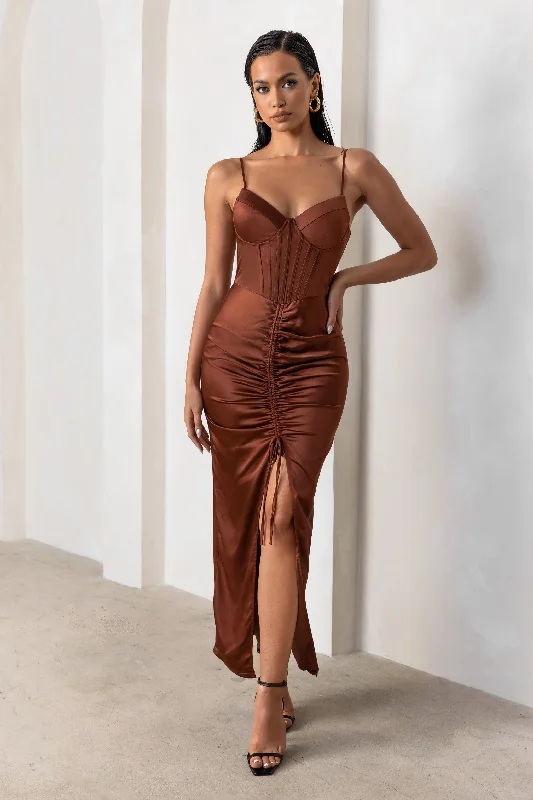 Affordable Women's Attire Luxury Comfort In Between | Rust Satin Sweetheart Neckline Corset Front Split Maxi Dress