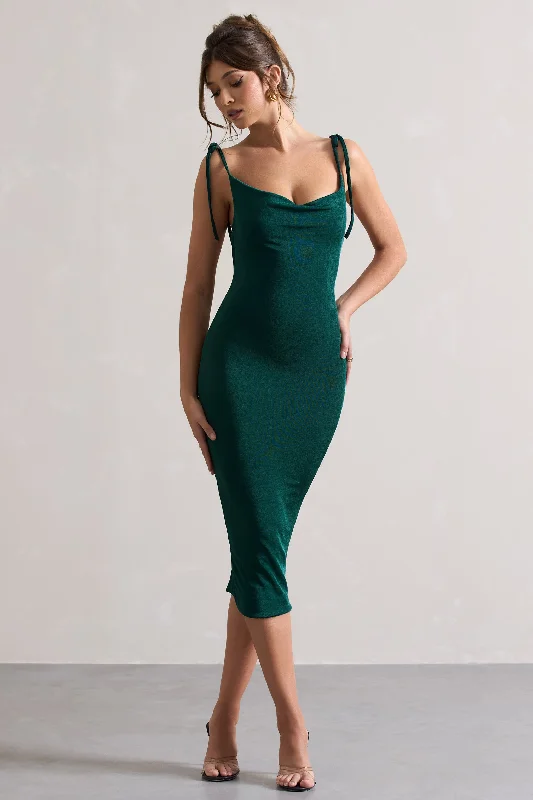 Women's Everyday Apparel Everyday Glamour Irina | Bottle Green Cowl-Neck Bodycon Midi Dress