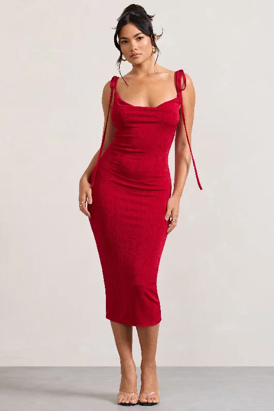 Women's Professional Apparel Modern Romance Irina | Red Cowl-Neck Bodycon Midi Dress