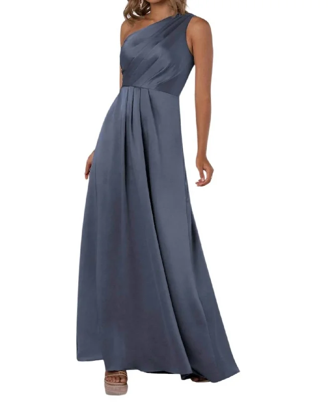 Women's Comfortable Apparel Casual Weekend Relaxed Style One-Shoulder Charmeuse Bridesmaid Dress With Subtle Pleats In Shadow