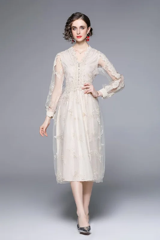 Women's Urban Clothing Feminine Charm Apricot Evening A-line V-neck Long Sleeve Midi Lace Dress