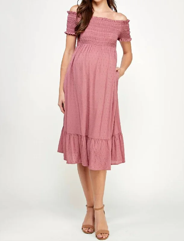 Women's Luxury Garments Boho - Chic Festival - Ready Style Smocked Off Shoulder Maternity Midi Dress In Mauve