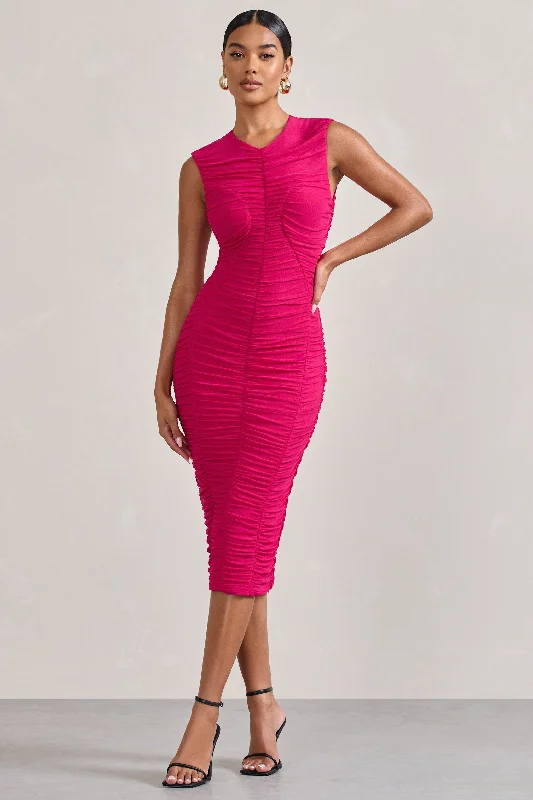 Women's Athletic Clothes Casual Weekend Relaxed Style Alight | Fuchsia Pink Ruched Mesh Sleeveless Bodycon Midi Dress