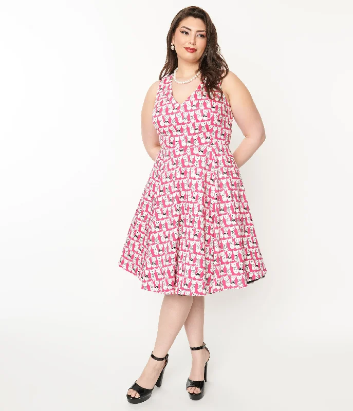 Women's Clothes For Work Events Feminine Elegance Plus Size 1950s Style Hot Pink Cat Print Sleeveless Swing Dress