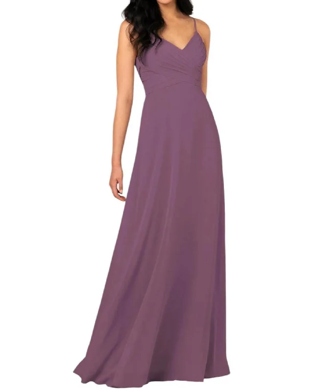 Women's Athletic Apparel Lightweight Fabric Classic V-Neckline Chiffon Bridesmaid Dress With Floor-Length Skirt In Wild Plum