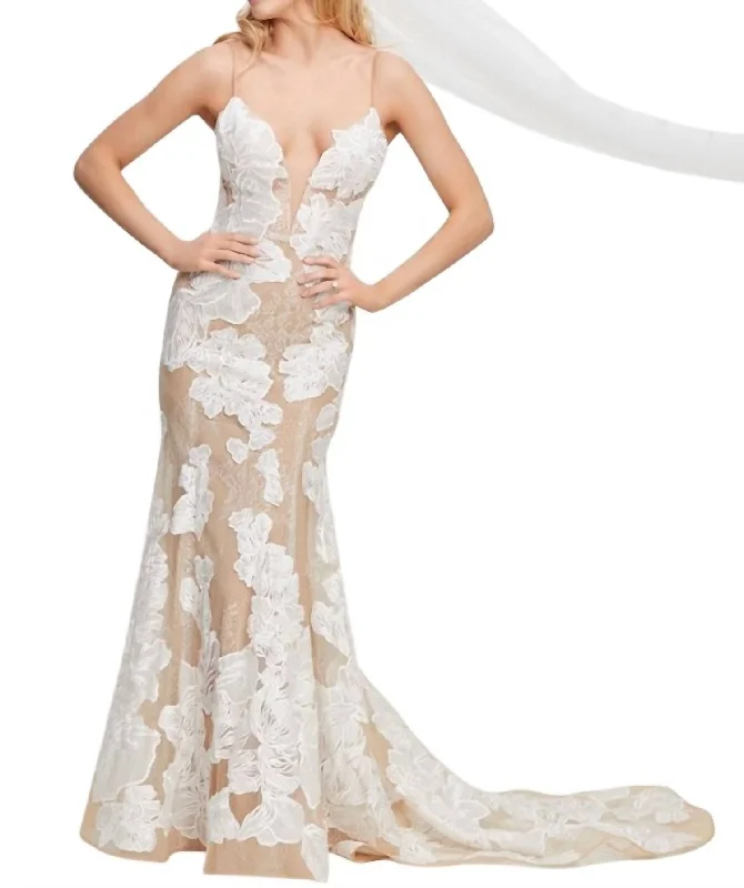 Women's Luxury Garments Flowy Fabric Valenta Wedding Dress In Ivory/nude