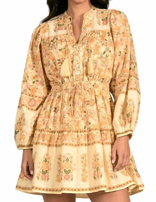 Women's Outfit For The Office Classic Timeless Elegant Style Long Sleeve Print Tie Neck Dress in Cream Monterey Print