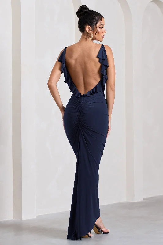 Affordable Trendy Clothes For Women Modern Romance Flute | Navy Bodycon Maxi Dress With Ruched Ruffled Back