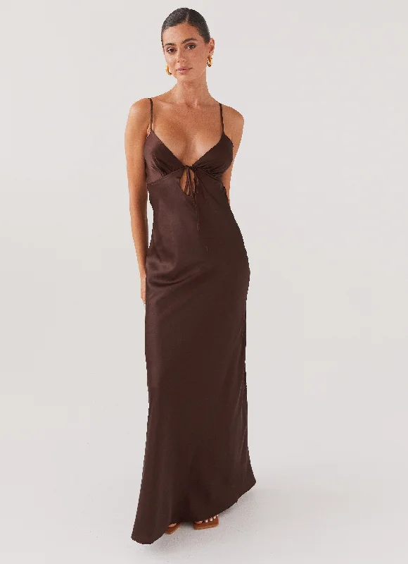 Women's Evening Clothes Classic Timeless Elegant Style Flora Satin Maxi Dress - Chocolate