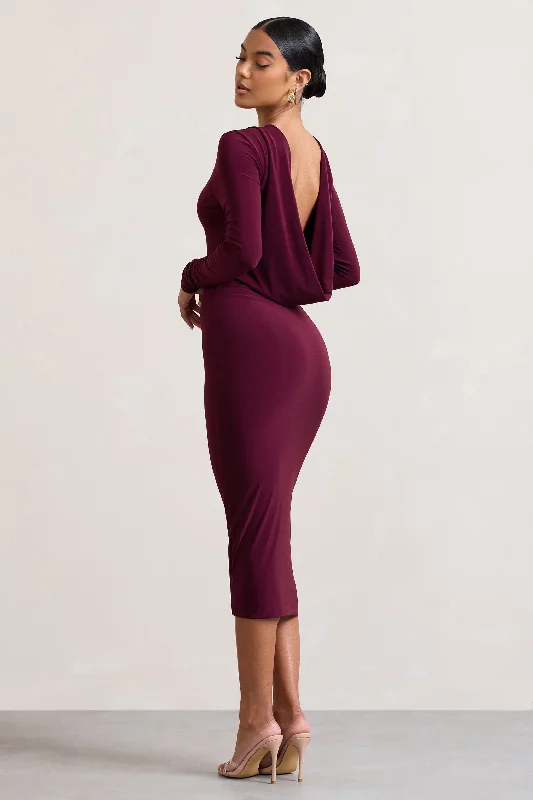 Women's High-Fashion Clothes Y2K Nostalgic Fashion Look Dynasty Darling | Burgundy Cowl-Back Long-Sleeved Bodycon Midi Dress