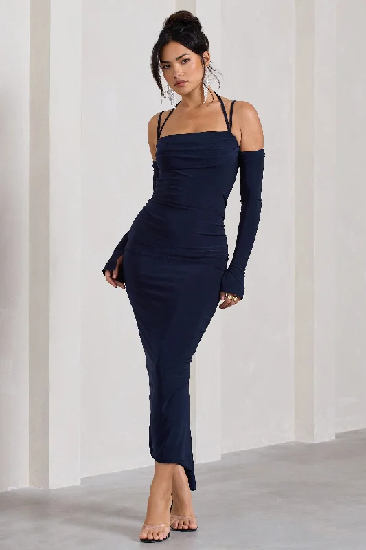 Women's Clothing For Work Contemporary Elegance Jessie | Navy Strappy Long-Sleeved Bodycon Maxi Dress