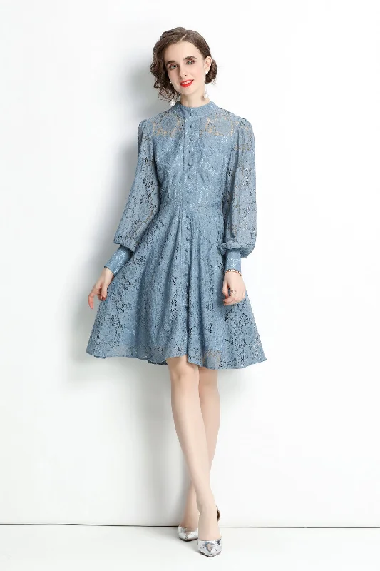 Tailored Clothing For Women End - of - Month Blowout Blue Evening A-line Crewneck Long Sleeve Above Knee Lace Dress