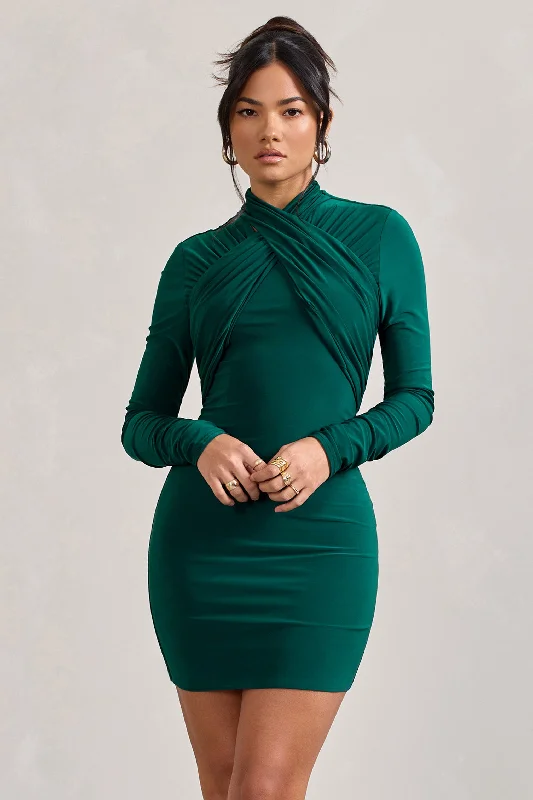 Chic Clothes For Women Graceful Movement Eve | Bottle Green Crossed-Neck Long-Sleeved Bodycon Mini Dress