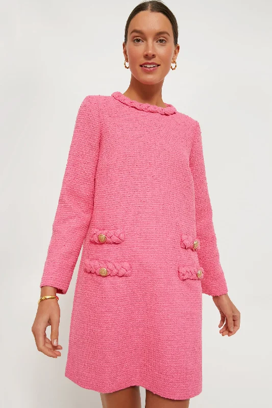 Affordable Luxury Women's Apparel Playful Elegance Hot Pink Tweed Long Sleeve Jackie Dress