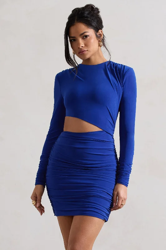 Women's Stylish Professional Apparel Classic Charm Tana | Royal Blue Ruched Bodycon Long Sleeve Cut-Out Mini Dress