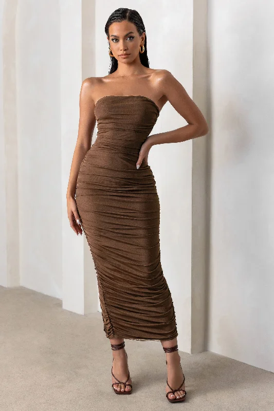 Women's Trendy Clothes Feminine Flow My Lady | Chocolate Brown Strapless Bodycon Ruched Mesh Maxi Dress