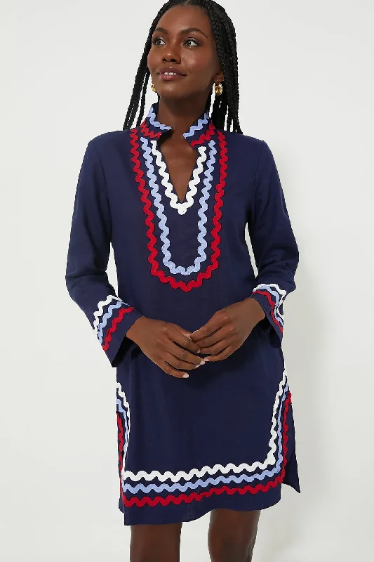 Women's Fashion-Forward Apparel Elegant Contour Navy Red White & Blue Long Sleeve Classic Tunic