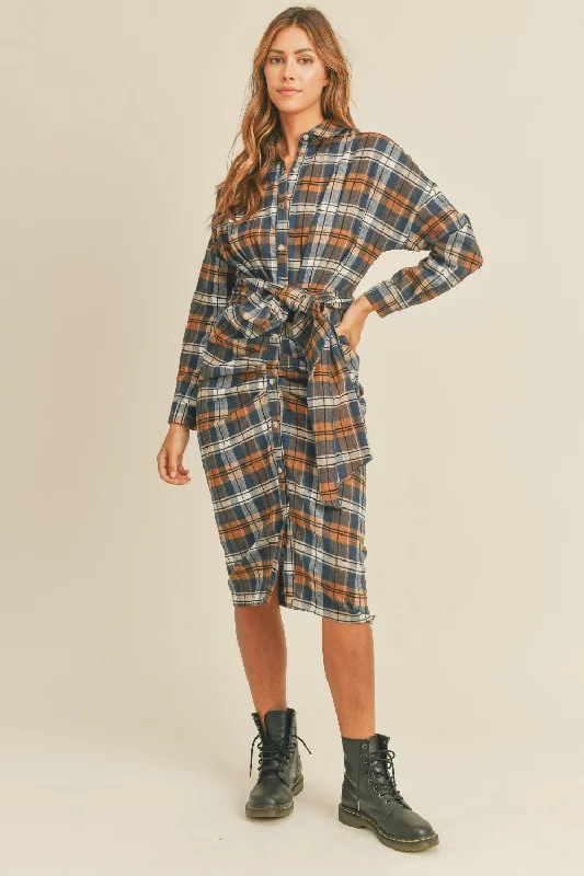 Women's Vintage Attire Luxe Layering Hot Girl MABLE Plaid Front Tie Cotton Shirt Dress