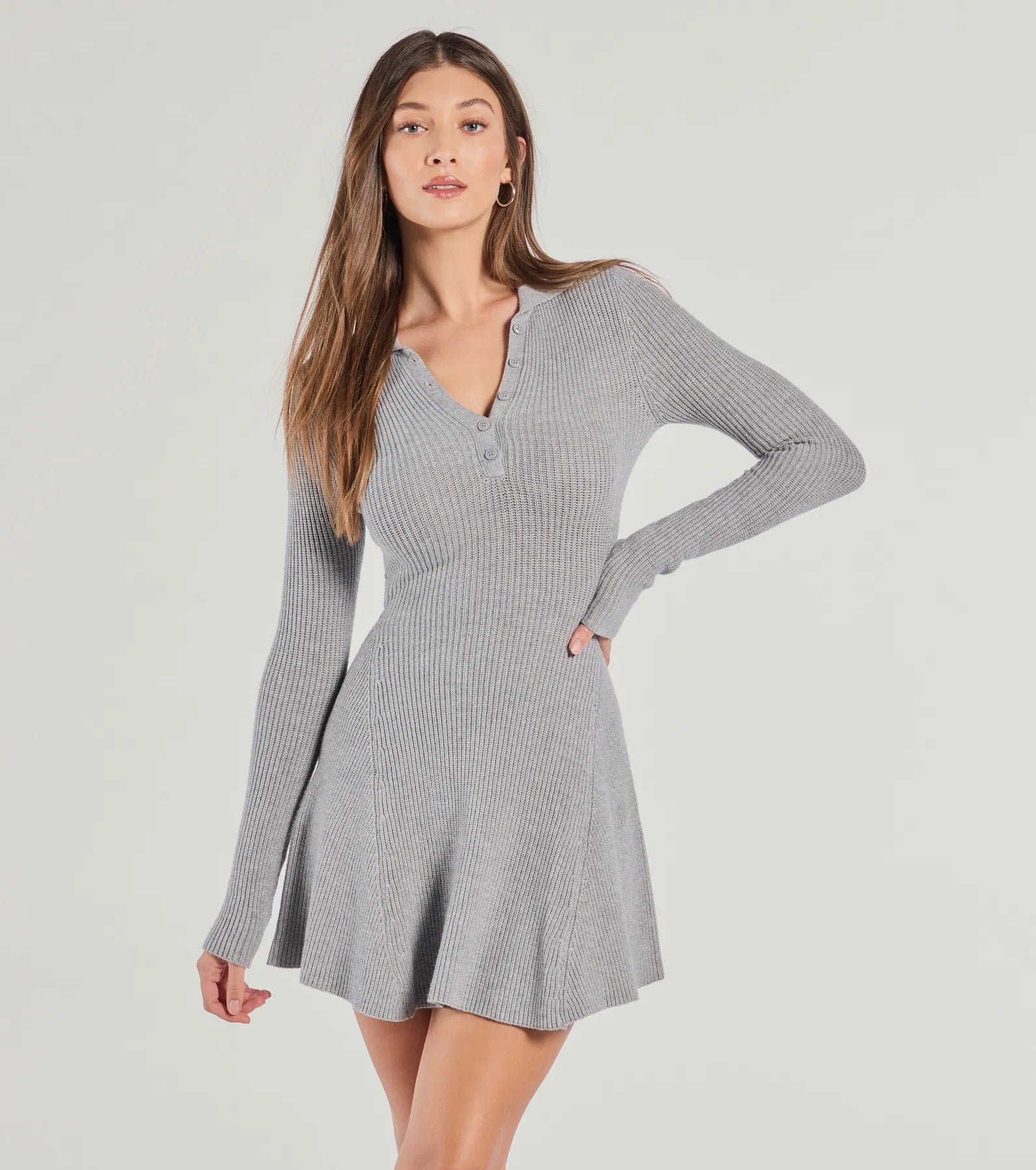 Women's Clothing For Holiday Travel Limited - Stock Cozy Prep Collared Long Sleeve Knit Skater Dress