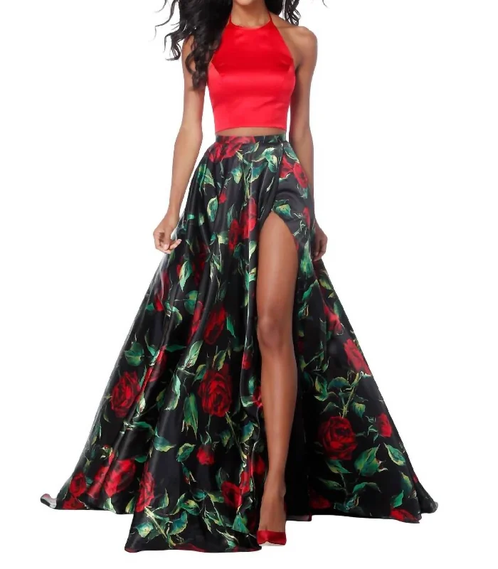 Women's Versatile Apparel Elegant Contour Charmeuse Two-Piece Halter Casual Dress In Red/black Print