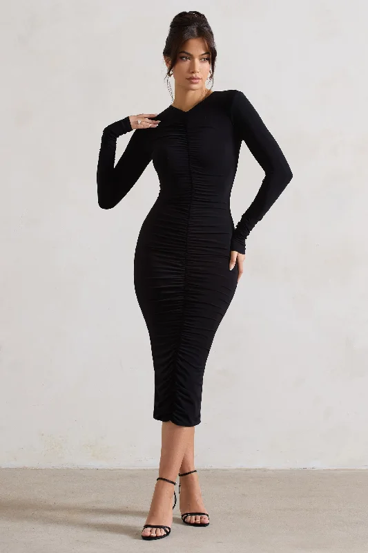 Women's Party Clothes Coastal Beach - Inspired Style Monique | Black Ruched Bodycon Midi Dress