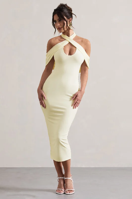 Modern Women's Clothes Limited - Stock Connect | Cream Bodycon Halter-Neck Midi Dress With Cut-Out