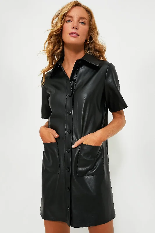 Chic Women's Garments Disco - Inspired Retro Dance Look Black Leather Violetta Shirt Dress