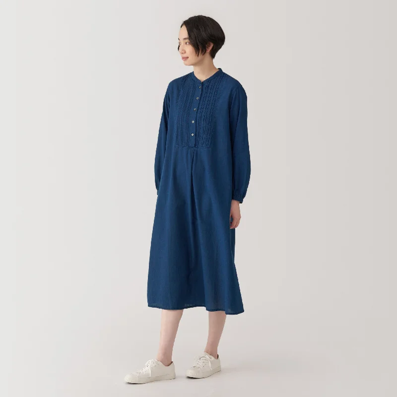 Casual Chic Women's Clothes Charming Silhouette Women's Cotton Voile Indigo Long Sleeve Dress