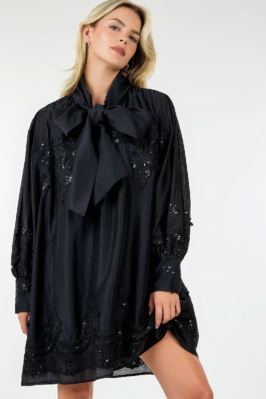 Women's Vacation Attire Everyday Glamour Hot Girl Take A Bow Sequin Embellished Mini Shirt Dress In Black