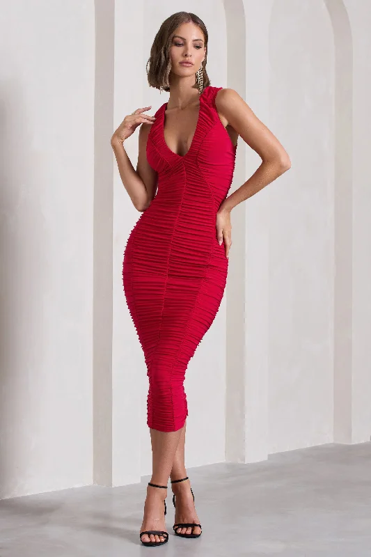 Women's Loungewear Clothes Art Deco Geometric Pattern Look Tempting Fate | Red Ruched Bodycon V-Neck Midi Dress