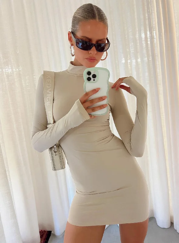 Comfortable Women's Clothing Feminine Flow Elysium Long Sleeve Turtleneck Dress Bone