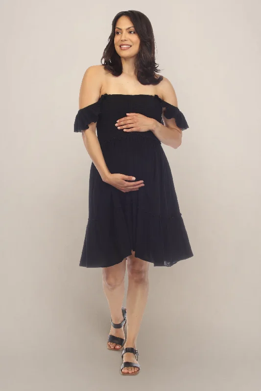 Women's Resort Apparel Y2K Nostalgic Fashion Look Black Off the Shoulder Maternity Smock Dress