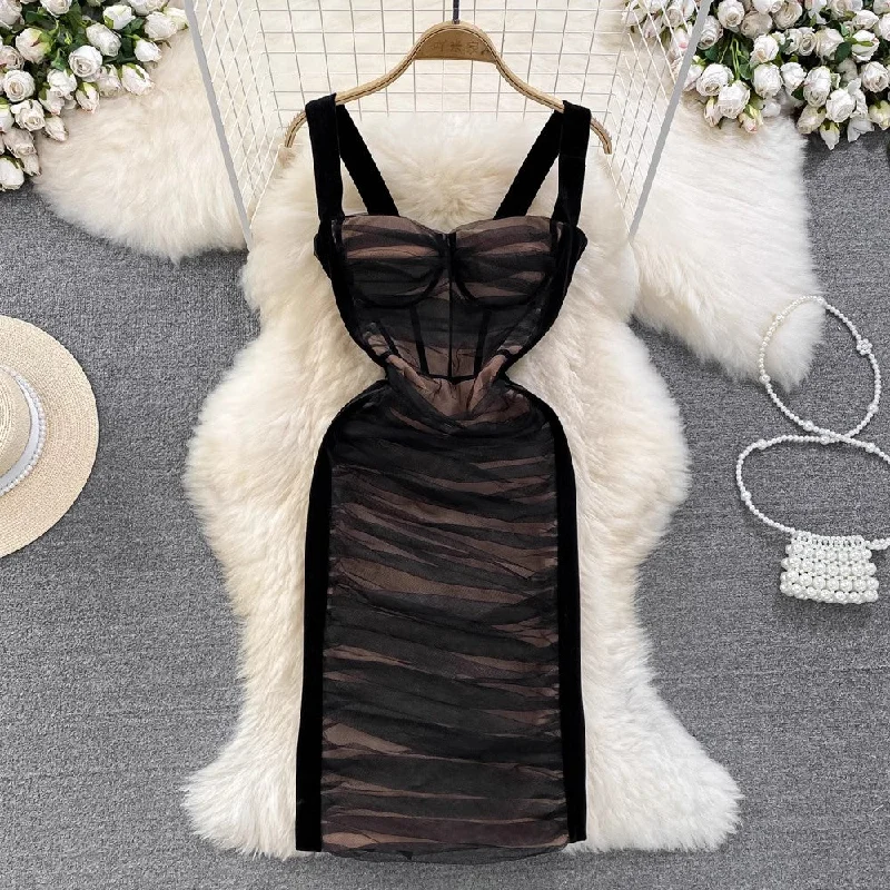 Women's Outerwear Attire Elegant Contour Hot girl tube top suspender skirt fashion mesh pleated elastic tight dress for women      S4199