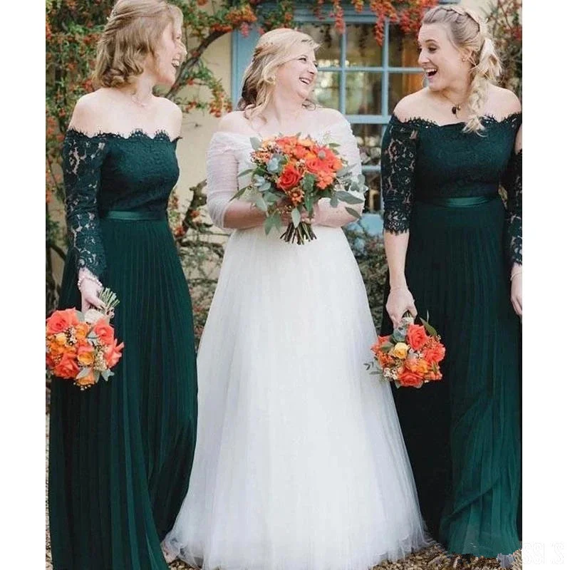 Fashionable Women's Clothes Classic Charm Roycebridal Hot Sale Off Shoulder Dark Green Lace Bridesmaid Dresses Half Sleeves