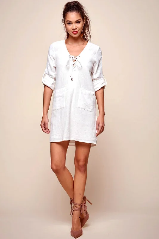 Women's Trendy Clothing Chic Urban Fashion Look Katie Lace-Up Front Casual Dress White