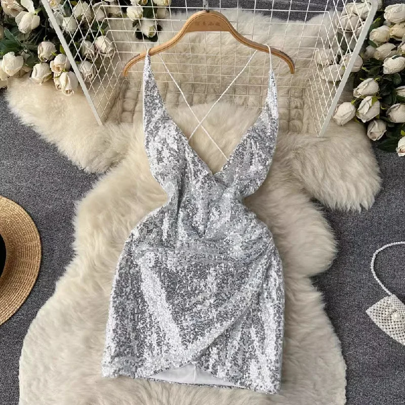 Charming Women's Outfit For Special Occasions End - of - Month Blowout Glittery V-neck Suspender Dress Fashionable Lady Dress     S4668