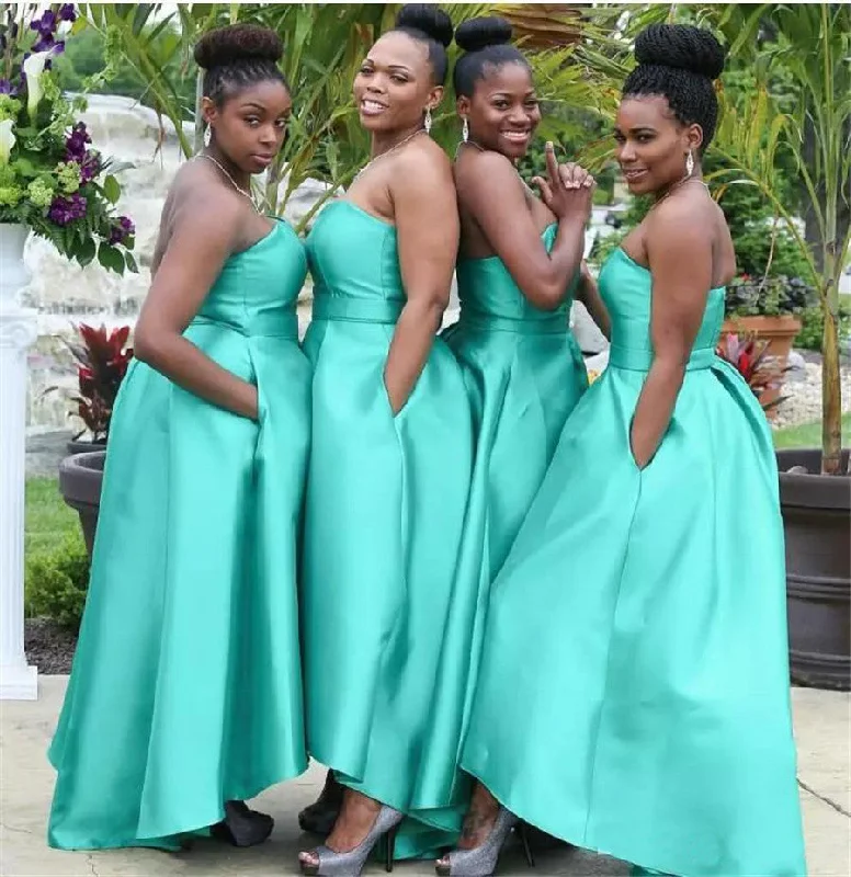 Women's Trendy Clothes Refined Simplicity Mermaid Satin High Low Turquoise Bridesmaid Dresses with Pockets