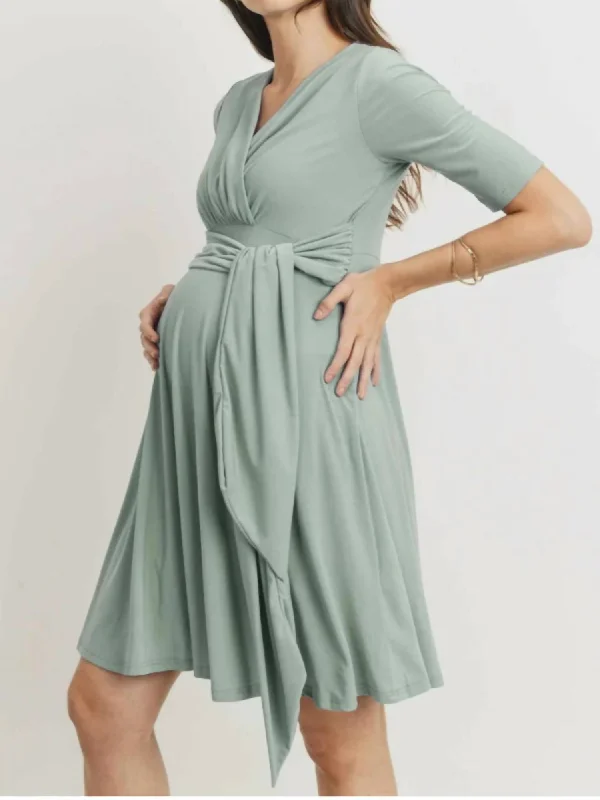 Elegant Women's Evening Garments Vibrant Prints Solid Side Tie V-Neck Maternity Wrap Dress In Sage