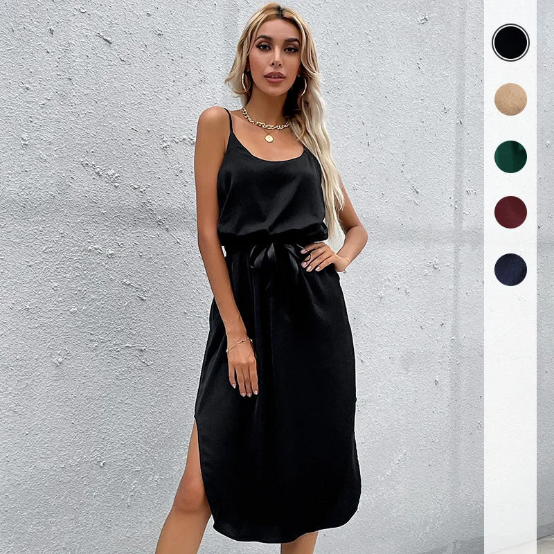 Comfortable Women's Clothes Disco - Inspired Retro Dance Look IKEARLAX  spring and summer  trade cross-border women's clothing   skirt solid color casual split suspender dress