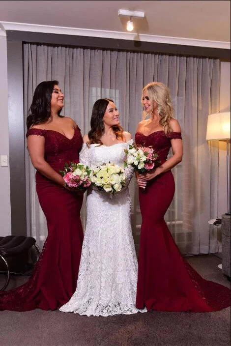 Women's Clothes For Work Charming Silhouette Roycebridal Hot Mermaid Burgundy Lace Bridesmaid Dresses Long Off Shoulder