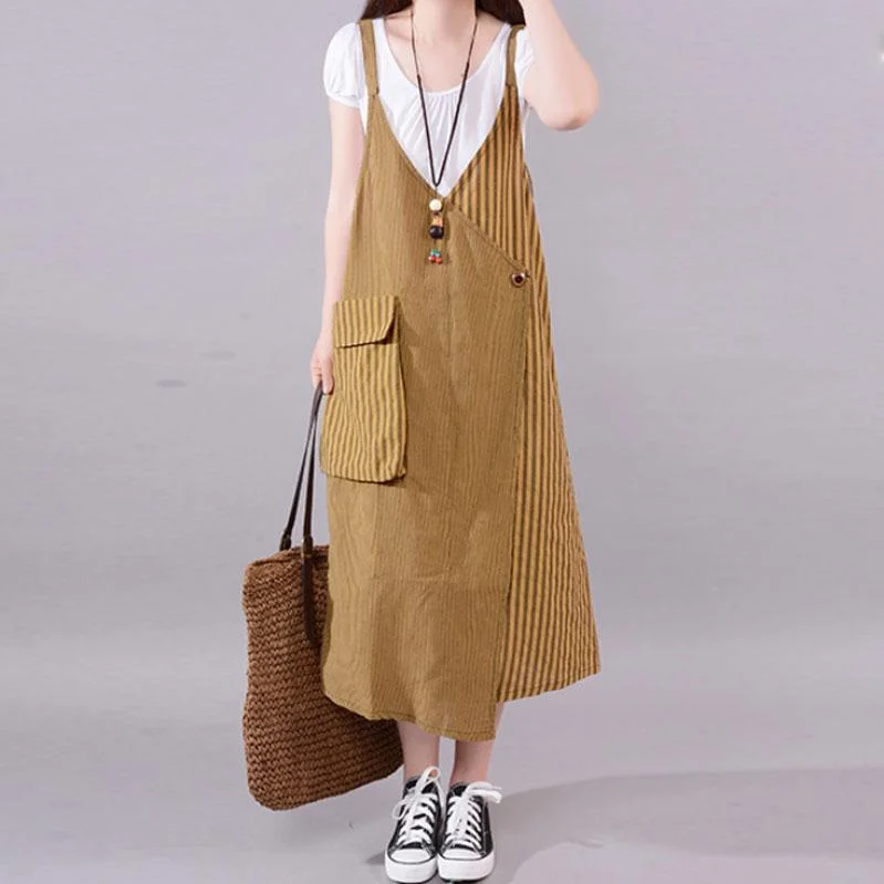 Women's Outerwear Clothing Tropical Island - Inspired Attire Fine cotton blended summer dress plus size Casual Stripe Big Pocket Loose Suspender Dress