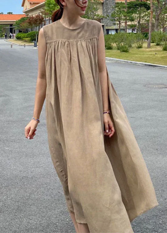 Fashion-Forward Women's Clothing Dreamy Draping Italian Camel O Neck Wrinkled Patchwork Linen Maternity Dress Sleeveless