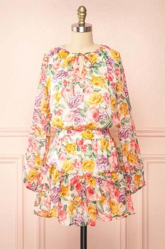 Women's Evening Clothes Chic Allure Echa | Colourful Short Floral Dress w/ Long Sleeves