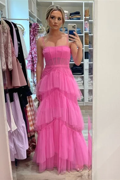 Women's Transitional Apparel Everyday Glamour Roycebridal Princess Hot Pink Tiered Tulle Prom Dress