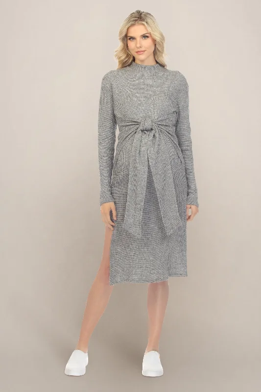 Classic Women's Apparel Coastal Beach - Inspired Style Gray Charcoal Long Sleeve Maternity Midi Dress with Bow Front